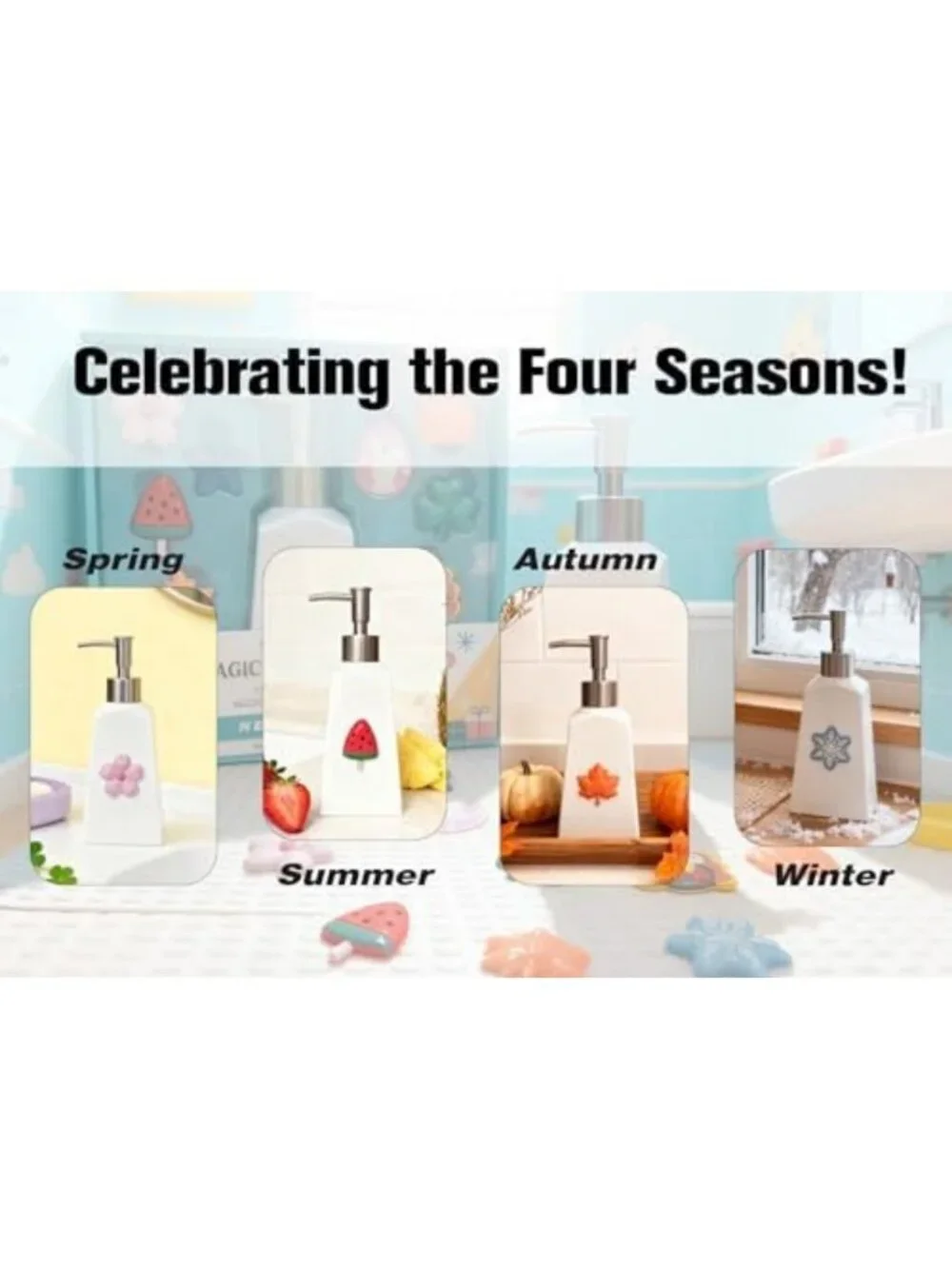 Seasonal Soap Dispenser with 11 Magnetic Designs - Farmhouse Bathroom & Kitchen
